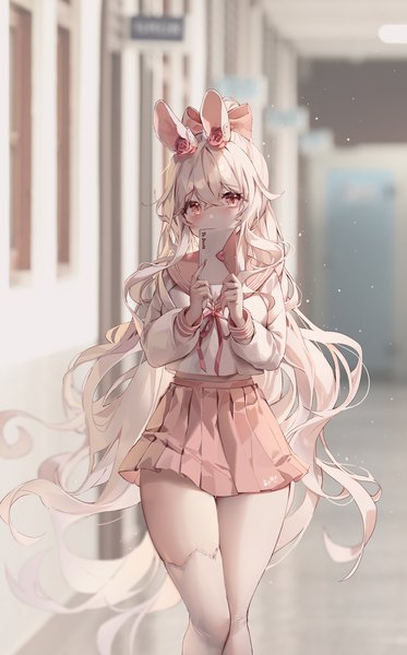 Anime picture 1243x2000 with original shiro albino single tall image looking at viewer blush fringe breasts hair between eyes standing holding animal ears white hair ponytail indoors long sleeves very long hair nail polish head tilt pleated skirt