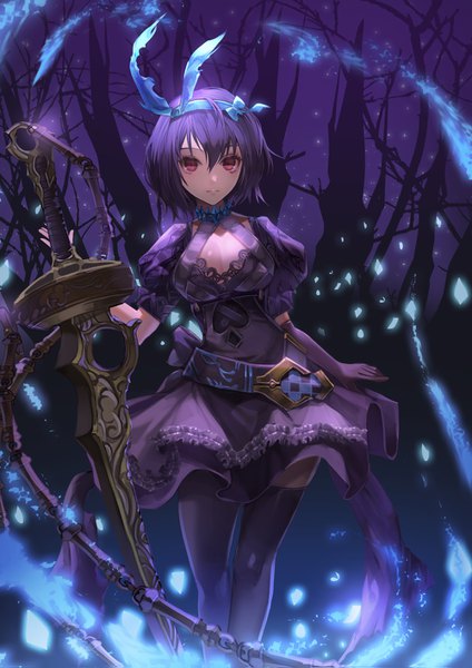 Anime picture 1000x1415 with sinoalice alice (sinoalice) shenteita (sharkpunk) single tall image looking at viewer fringe short hair breasts hair between eyes red eyes purple hair night zettai ryouiki magic walking girl thighhighs dress gloves