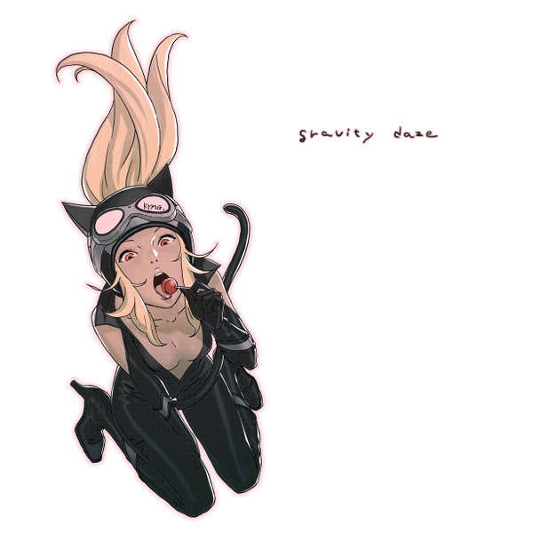 Anime picture 1229x1229 with gravity daze kat (gravity daze) kozaki yusuke single long hair open mouth blonde hair simple background red eyes white background sitting bare shoulders signed animal ears cleavage full body tail cat ears inscription cat girl
