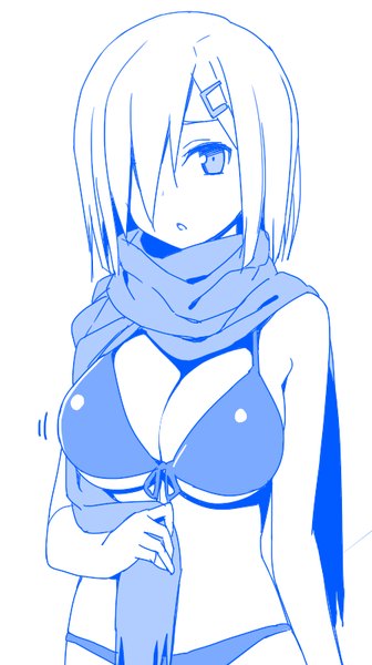 Anime picture 448x800 with kantai collection hamakaze destroyer himura kiseki single tall image fringe short hair breasts open mouth light erotic simple background large breasts standing looking away hair over one eye underboob monochrome sketch girl hair ornament