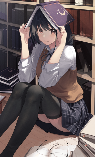 Anime picture 2522x4158 with original star741 single long hair tall image looking at viewer blush fringe highres black hair sitting holding brown eyes payot bent knee (knees) indoors pleated skirt arms up plaid skirt frown