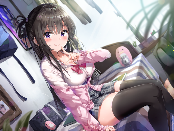 Anime picture 3200x2400 with original kuria (clear trip second) single long hair looking at viewer blush fringe highres breasts black hair smile sitting purple eyes absurdres indoors blunt bangs long sleeves sunlight blurry off shoulder