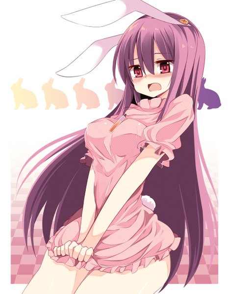 Anime picture 1074x1384 with touhou reisen udongein inaba matsuri uta single long hair tall image blush open mouth light erotic red eyes purple hair bunny ears bunny girl bunny tail girl dress bunny