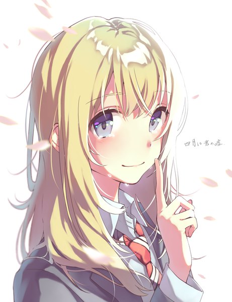 Anime picture 1000x1300 with shigatsu wa kimi no uso a-1 pictures miyazono kaori aiko (aiko 54) single long hair tall image looking at viewer blush fringe blonde hair simple background white background light smile grey eyes copyright name tears finger to mouth portrait girl