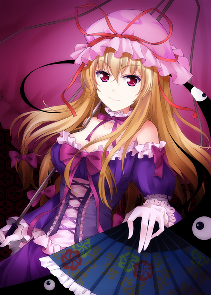 Anime picture 1000x1399 with touhou yakumo yukari qiuzhi huiyi single long hair tall image blonde hair red eyes girl dress gloves frills umbrella bonnet fan