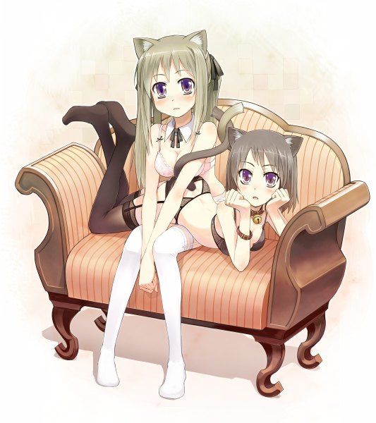 Anime picture 1066x1200 with original orda long hair tall image blush short hair light erotic black hair simple background brown hair purple eyes multiple girls animal ears cat ears cat girl cat tail underwear only bell collar girl underwear