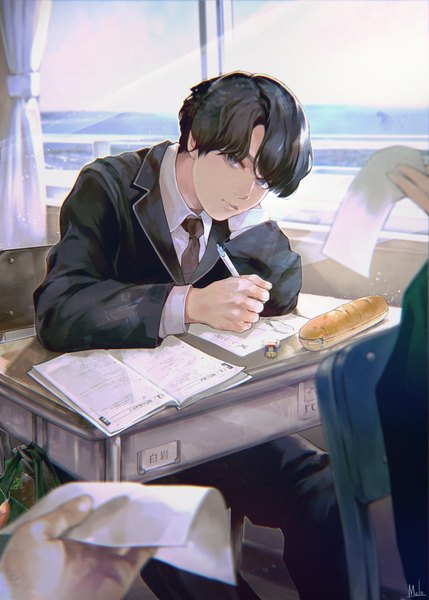 Anime picture 2508x3508 with original kyuuba melo tall image looking at viewer fringe highres short hair black hair sitting holding signed indoors long sleeves head tilt sunlight blurry grey eyes hieroglyph solo focus sunbeam