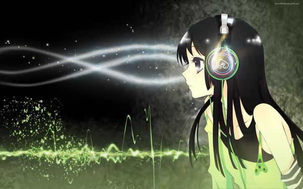 Anime picture 1920x1200 with k-on! kyoto animation akiyama mio itou noiji kah-roh single long hair fringe highres black hair bare shoulders looking away upper body profile black eyes off shoulder wallpaper glow abstract girl