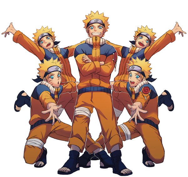 Anime picture 1000x939 with naruto studio pierrot naruto (series) uzumaki naruto hahihu1782 looking at viewer short hair open mouth simple background blonde hair smile standing white background full body bent knee (knees) :d arm up aqua eyes multiple boys grin