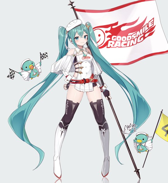 Anime picture 3277x3561 with vocaloid goodsmile racing hatsune miku racing miku racing miku (2023) noneon319 single tall image looking at viewer fringe highres light erotic simple background hair between eyes twintails absurdres full body very long hair aqua eyes aqua hair