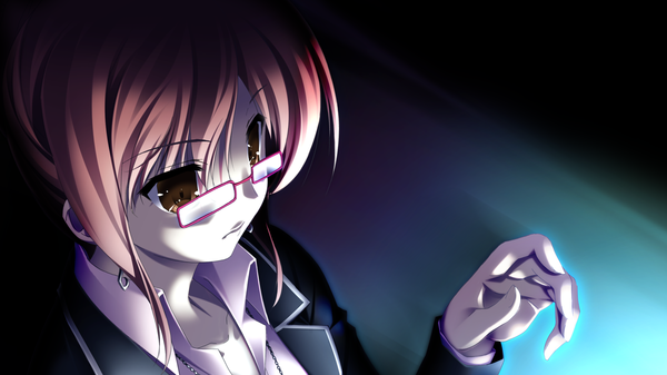 Anime picture 2560x1440 with shinigami no testament makita maki highres brown hair wide image brown eyes game cg girl glasses suit
