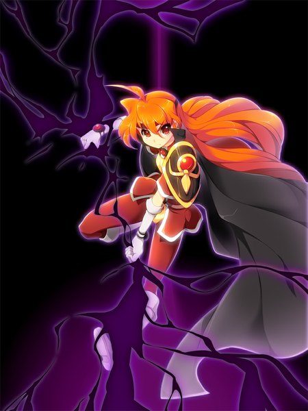 Anime picture 750x1000 with slayers j.c. staff lina inverse koflif single long hair tall image looking at viewer red eyes ahoge orange hair dark background girl gloves elbow gloves boots armor cape