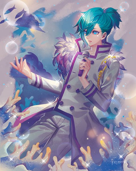 Anime picture 913x1144 with uta no prince-sama a-1 pictures mikaze ai kamikano shi single tall image short hair blue eyes signed looking away parted lips aqua hair sparkle underwater asymmetrical hair boy animal pants feather (feathers) bubble (bubbles)
