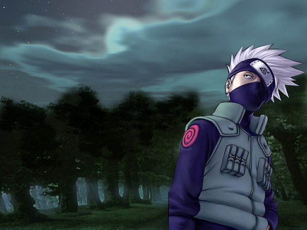 Anime picture 1024x768 with naruto studio pierrot naruto (series) hatake kakashi single short hair silver hair cloud (clouds) upper body outdoors black eyes night night sky looking up covering eye (eyes) boy uniform plant (plants) tree (trees) star (stars)