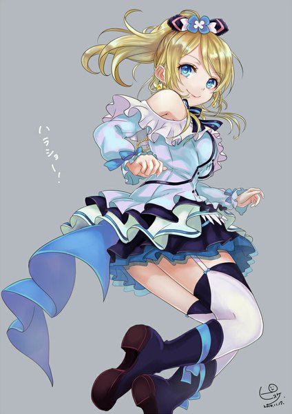 Anime picture 700x990 with love live! school idol project sunrise (studio) love live! ayase eli pisuke single long hair tall image looking at viewer blue eyes simple background blonde hair signed ponytail grey background turning head jumping girl thighhighs hair ornament