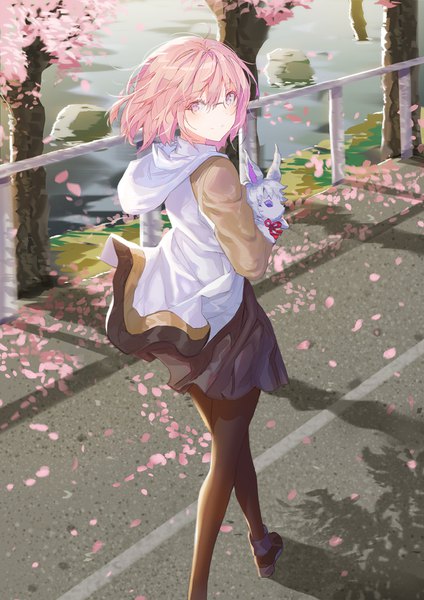 Anime picture 700x990 with fate (series) fate/grand order mash kyrielight fou (fate) lloule single tall image looking at viewer blush fringe short hair hair between eyes purple eyes holding pink hair outdoors long sleeves looking back light smile wind