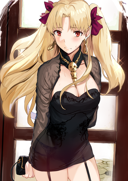 Anime picture 3583x5059 with fate (series) fate/grand order ereshkigal (fate) hews single long hair tall image looking at viewer blush fringe highres breasts light erotic blonde hair large breasts standing holding absurdres cleavage orange eyes