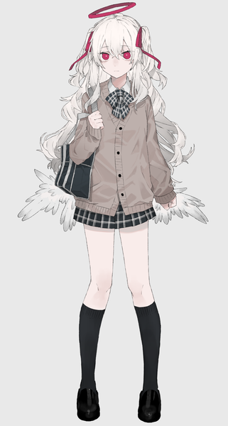 Anime picture 1490x2780 with original rairyuu single long hair tall image looking at viewer fringe simple background hair between eyes red eyes standing payot silver hair full body long sleeves grey background two side up plaid skirt low wings girl