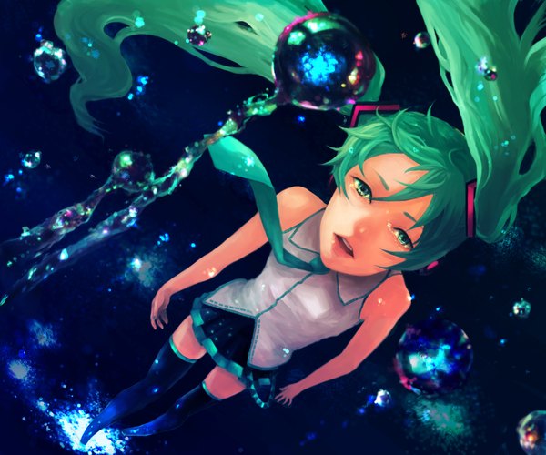 Anime picture 1800x1500 with vocaloid hatsune miku 10mo4 single long hair highres open mouth twintails green eyes green hair looking up girl thighhighs skirt necktie bubble (bubbles)