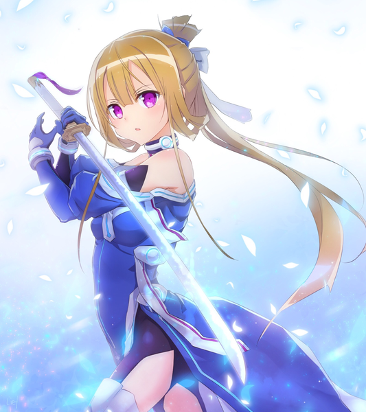 Anime picture 1736x1954 with yuusha de aru yuuki yuuna wa yuusha de aru washio sumi wa yuusha de aru nogi wakaba liebe single long hair tall image looking at viewer blush highres simple background blonde hair purple eyes bare shoulders ponytail parted lips gradient background glowing fighting stance