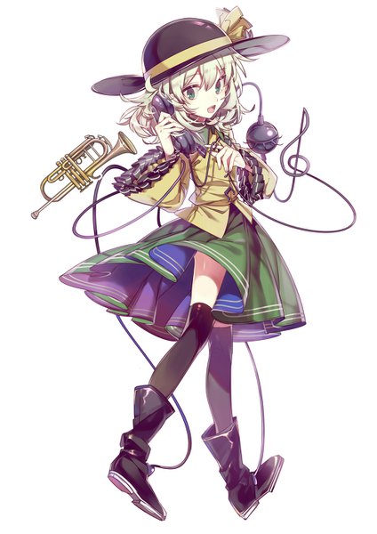 Anime picture 1000x1414 with touhou komeiji koishi aibivy single tall image fringe short hair open mouth simple background blonde hair hair between eyes white background green eyes full body walking treble clef girl thighhighs skirt black thighhighs