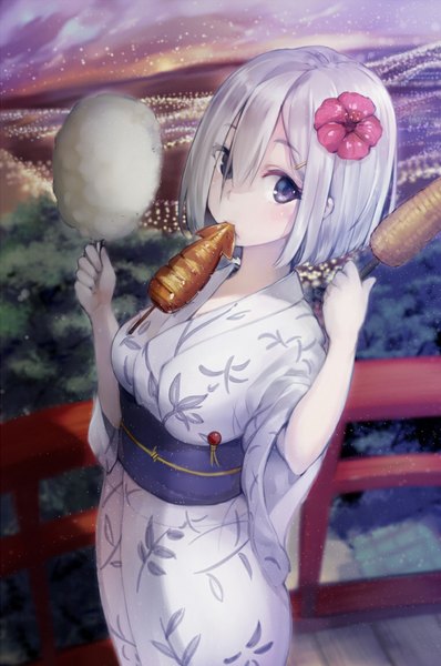 Anime picture 762x1149 with kantai collection hamakaze destroyer ganida boushoku single tall image looking at viewer blush fringe short hair standing purple eyes holding sky white hair long sleeves traditional clothes japanese clothes hair flower from above hair over one eye