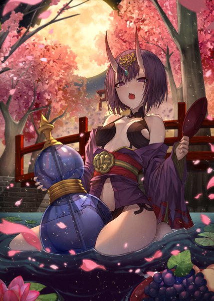 Anime picture 2528x3555 with fate (series) fate/grand order shuten douji (fate) dal song single tall image looking at viewer blush fringe highres short hair breasts open mouth light erotic hair between eyes sitting purple eyes bare shoulders holding purple hair