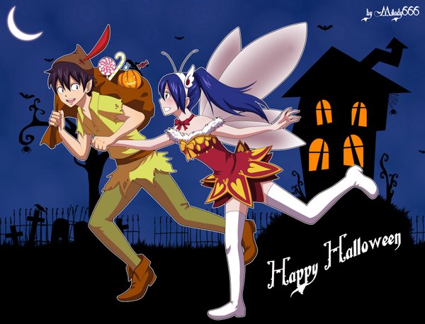 Anime picture 1600x1219 with fairy tail wendy marvell romeo conbolt milady666 long hair short hair black hair twintails brown eyes blue hair profile inscription grey eyes loli night sky holding hands halloween crescent insect wings butterfly wings