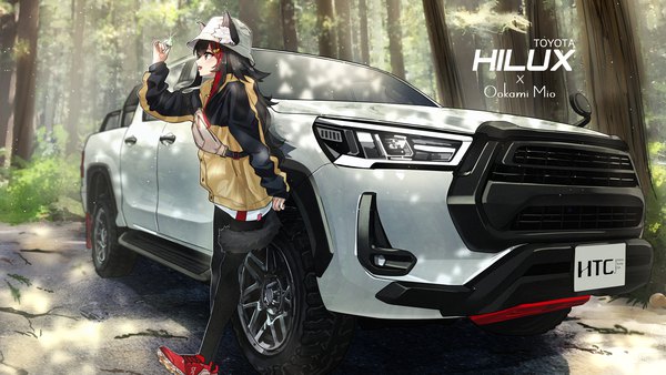 Anime-Bild 1920x1080 mit virtual youtuber hololive toyota ookami mio you'a single long hair fringe highres open mouth black hair wide image standing holding brown eyes animal ears looking away full body outdoors red hair