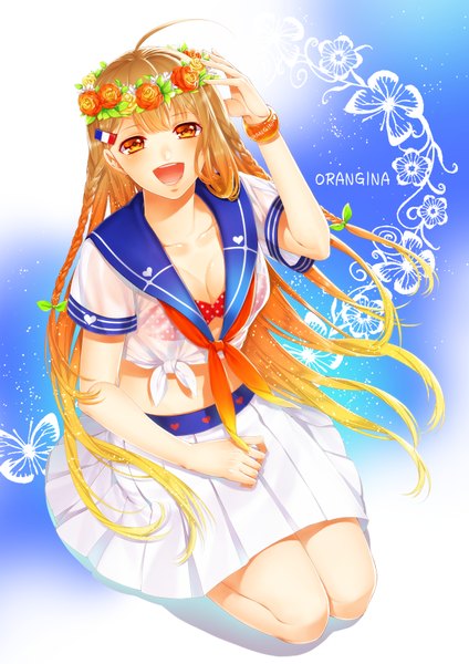 Anime picture 2480x3508 with original orangina mizuki seiya single long hair tall image looking at viewer highres open mouth smile sitting cleavage braid (braids) pleated skirt multicolored hair two-tone hair gradient hair polka dot seiza personification