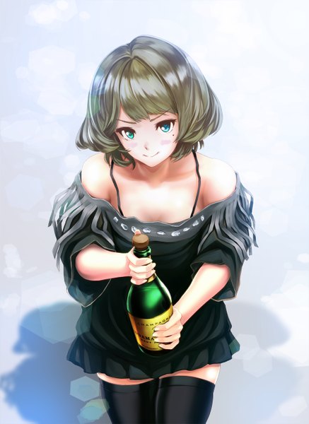 Anime picture 1000x1371 with idolmaster idolmaster cinderella girls takagaki kaede infinote single tall image short hair blue eyes smile brown hair bare shoulders girl thighhighs dress black thighhighs alcohol champagne