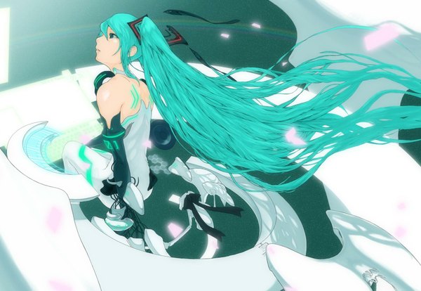 Anime picture 2124x1467 with vocaloid vocaloid append hatsune miku hatsune miku (append) single highres twintails very long hair aqua eyes aqua hair girl detached sleeves bodysuit