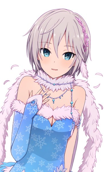 Anime picture 1116x1836 with idolmaster idolmaster cinderella girls anastasia (idolmaster) yahiro (epicopeiidae) single tall image looking at viewer blush fringe short hair open mouth blue eyes simple background hair between eyes standing white background bare shoulders cleavage silver hair upper body