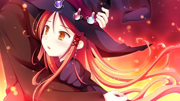 Anime picture 1280x720 with witch's garden hinomiya ayari ko~cha long hair blush wide image looking away game cg red hair parted lips orange eyes floating hair hand on another's head girl dress x hair ornament witch hat fire