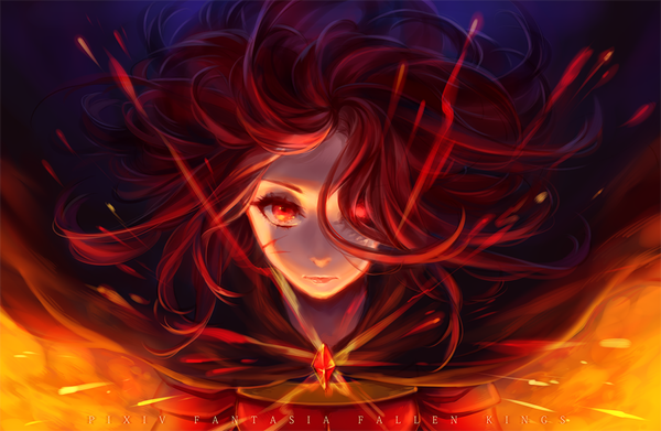 Anime picture 1200x782 with original pixiv fantasia pixiv fantasia fallen kings aka-shiro single long hair looking at viewer red eyes red hair glowing girl cape fire