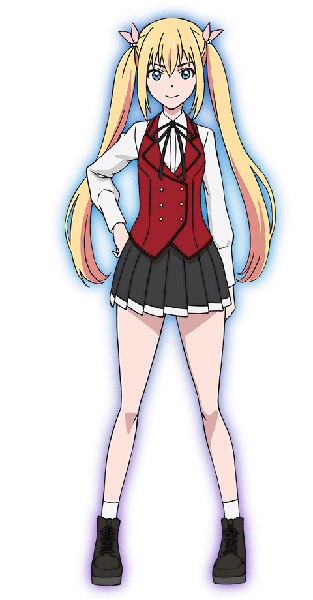 Anime picture 480x920 with hyouken no majutsushi ga sekai wo suberu claris cleveland shimojima makoto single long hair tall image looking at viewer fringe blue eyes blonde hair smile hair between eyes standing twintails payot full body long sleeves pleated skirt official art hand on hip