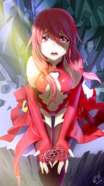 Anime picture 1975x3507 with guilty crown production i.g yuzuriha inori single long hair tall image looking at viewer highres open mouth light erotic sitting purple eyes pink hair tears girl thighhighs gloves black thighhighs fingerless gloves bodysuit