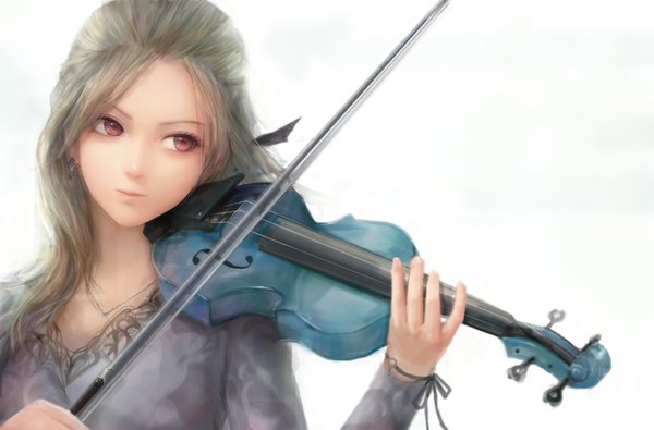 Anime-Bild 1000x659 mit original misshu single long hair simple background blonde hair white background pink eyes realistic girl earrings jewelry musical instrument violin bow (instrument)
