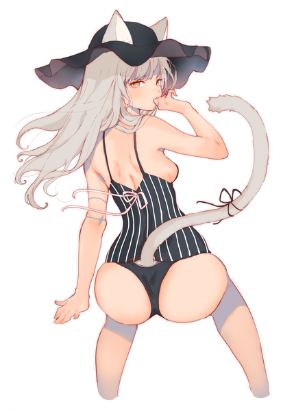 Anime picture 2591x3624 with original arutera single long hair tall image looking at viewer blush fringe highres breasts light erotic simple background white background animal ears yellow eyes ass tail animal tail looking back grey hair