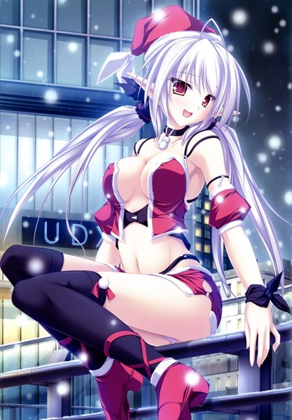 Anime picture 4951x7114 with tenmaso single long hair tall image fringe highres breasts light erotic red eyes sitting twintails bare shoulders absurdres bent knee (knees) white hair pointy ears scan official art pantyshot fur trim