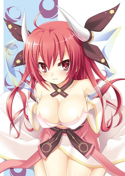 Anime picture 1273x1800 with date a live itsuka kotori oji (artist) single long hair tall image looking at viewer blush breasts light erotic red eyes large breasts red hair horn (horns) alternate breast size girl detached sleeves