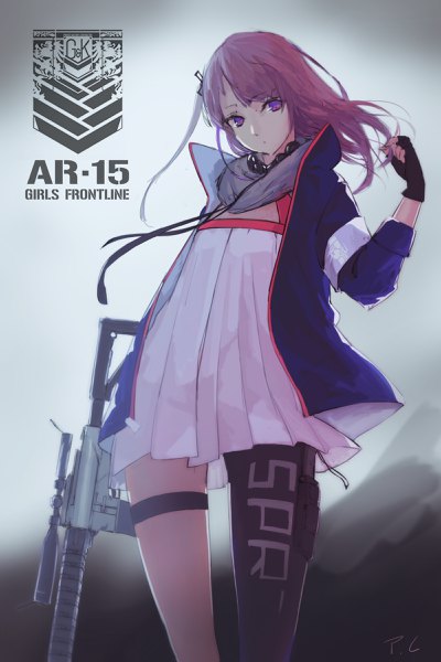 Anime picture 1600x2400 with girls frontline st ar-15 (girls frontline) migime no yuugure single long hair tall image looking at viewer simple background standing purple eyes signed pink hair head tilt wind open jacket copyright name character names gradient background side ponytail girl