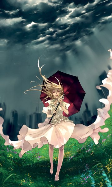Anime picture 1000x1667 with original yuumei single long hair tall image blonde hair red eyes signed sky cloud (clouds) barefoot wind looking up rain girl flower (flowers) plant (plants) umbrella grass