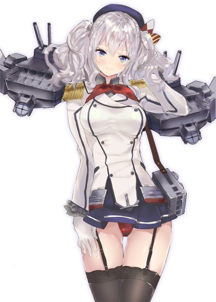 Anime picture 600x836 with kantai collection kashima training cruiser hitaki yuu single long hair tall image looking at viewer fringe breasts blue eyes light erotic simple background smile hair between eyes large breasts white background twintails payot silver hair pantyshot