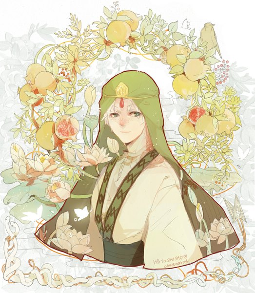 Anime picture 1000x1147 with magi the labyrinth of magic a-1 pictures ja'far (magi) cause single tall image short hair smile green eyes signed white hair freckles boy flower (flowers) animal bird (birds) fruit arabian clothes pomegranate