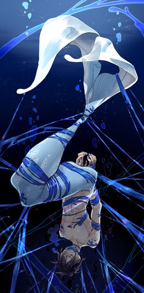 Anime picture 900x1828 with free! kyoto animation nanase haruka (free!) amaoto. (artist) single tall image short hair light erotic black hair eyes closed nail polish underwater bondage upside down bound hands boy bubble (bubbles) mermaid scales