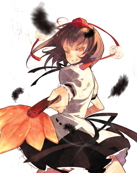Anime picture 1200x1511 with touhou shameimaru aya domotolain tall image short hair simple background smile brown hair white background orange eyes girl feather (feathers) fan tokin hat hauchiwa