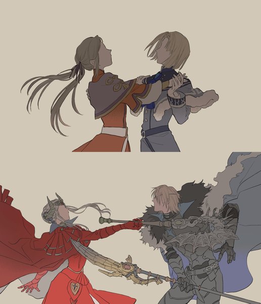 Anime picture 1761x2048 with fire emblem fire emblem: three houses nintendo edelgard von hresvelg dimitri alexandre blaiddyd mimulishizi long hair tall image highres short hair simple background blonde hair brown hair twintails holding white hair horn (horns) alternate age no face dancing