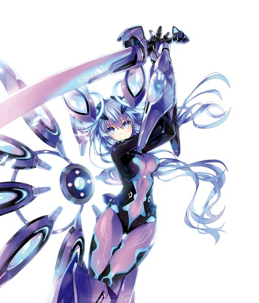 Anime picture 1367x1600 with choujigen game neptune shin jigen game neptune vii purple heart next purple tsunako single long hair tall image looking at viewer fringe blue eyes simple background hair between eyes white background blue hair light smile wind arms up official art symbol-shaped pupils