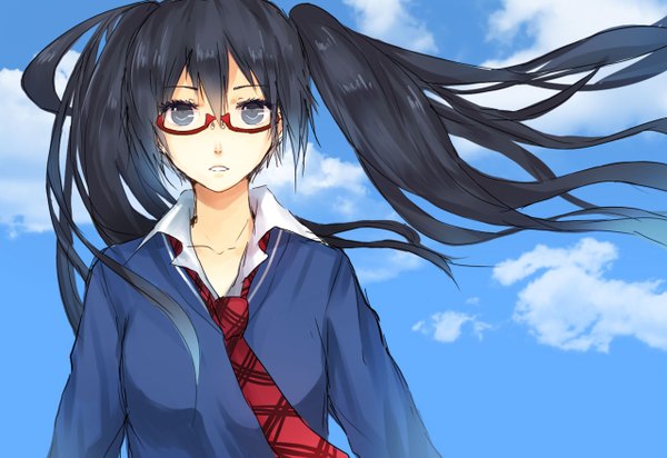 Anime picture 1280x881 with vocaloid monochro blue sky (vocaloid) hatsune miku single long hair looking at viewer fringe breasts black hair twintails sky cloud (clouds) wind girl shirt glasses necktie sweater